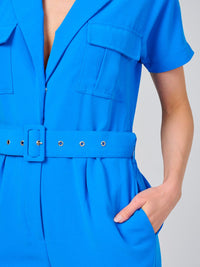 WOMEN'S SHORT SLEEVE BUTTON CLOSURE POCKETS BELTED JUMPSUIT
