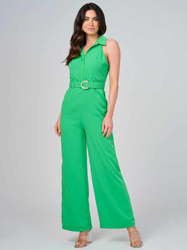 WOMEN'S SLEEVELESS FRONT POCKETS BELTED WIDE LEG JUMPSUIT