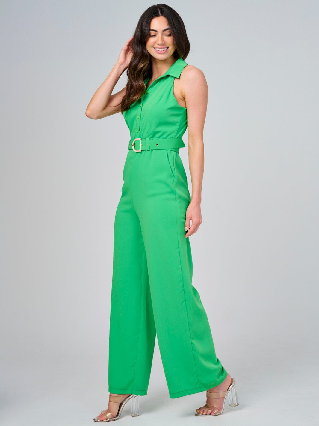WOMEN'S SLEEVELESS FRONT POCKETS BELTED WIDE LEG JUMPSUIT