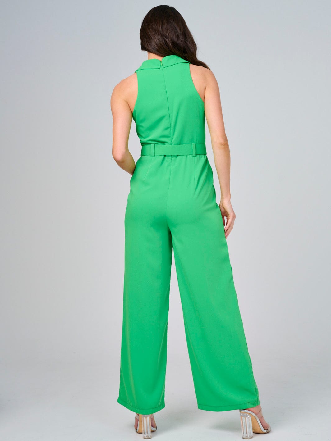 WOMEN'S SLEEVELESS FRONT POCKETS BELTED WIDE LEG JUMPSUIT