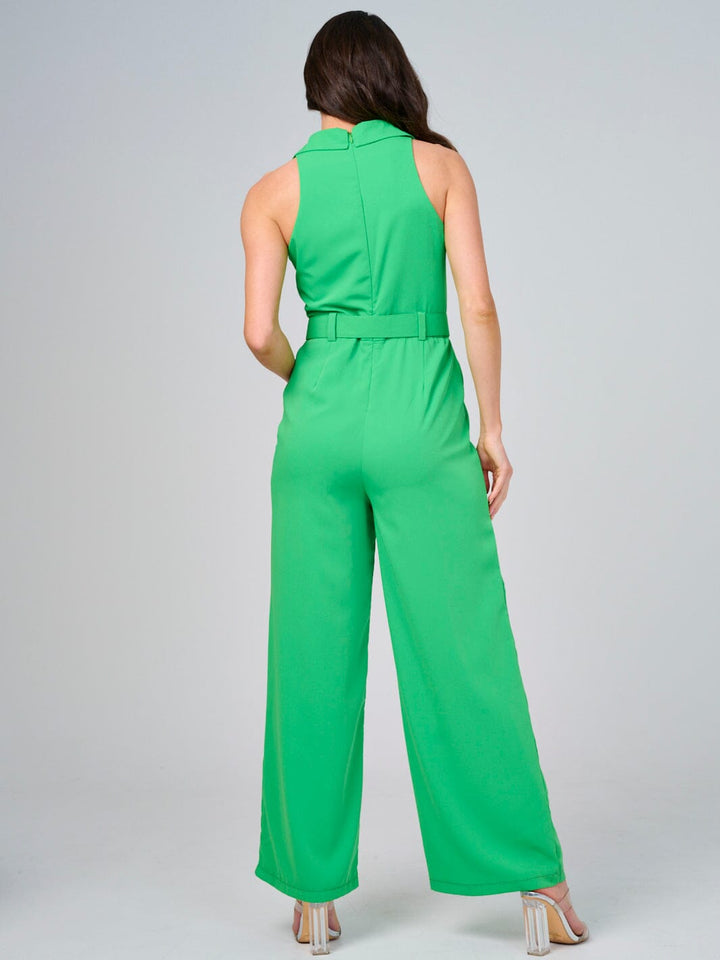 WOMEN'S SLEEVELESS FRONT POCKETS BELTED WIDE LEG JUMPSUIT