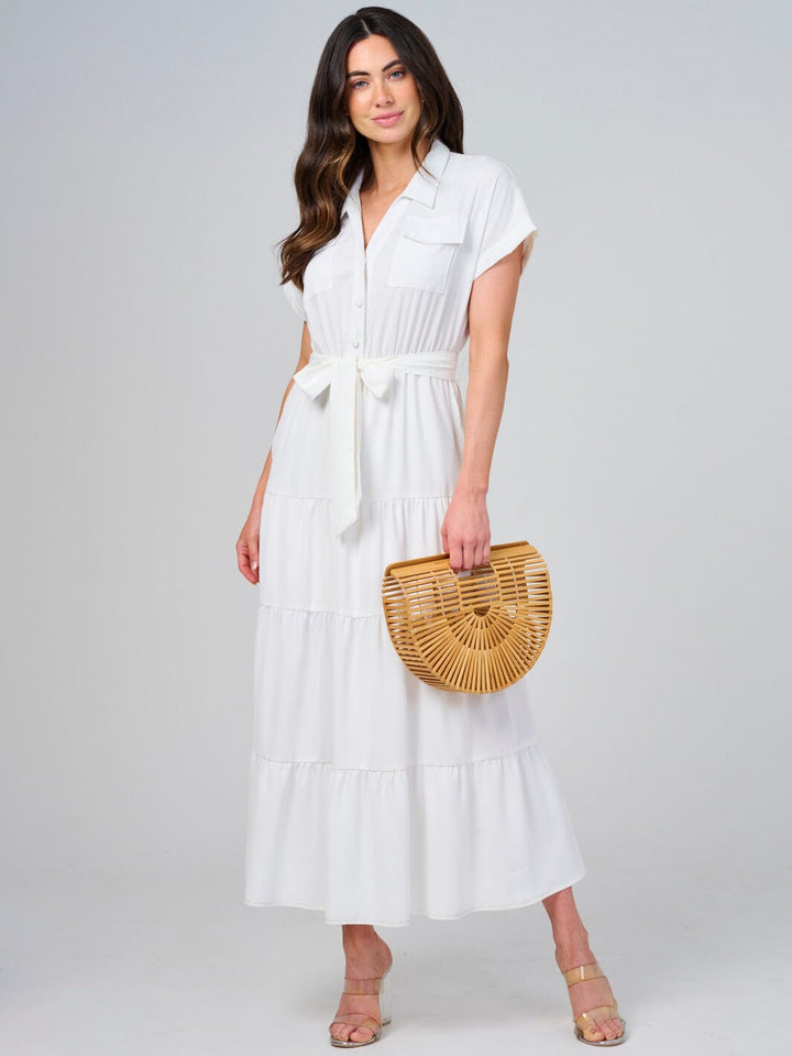 WOMEN'S SHORT SLEEVE SELF TIE BUTTON CLOSURE TIERED MAXI DRESS