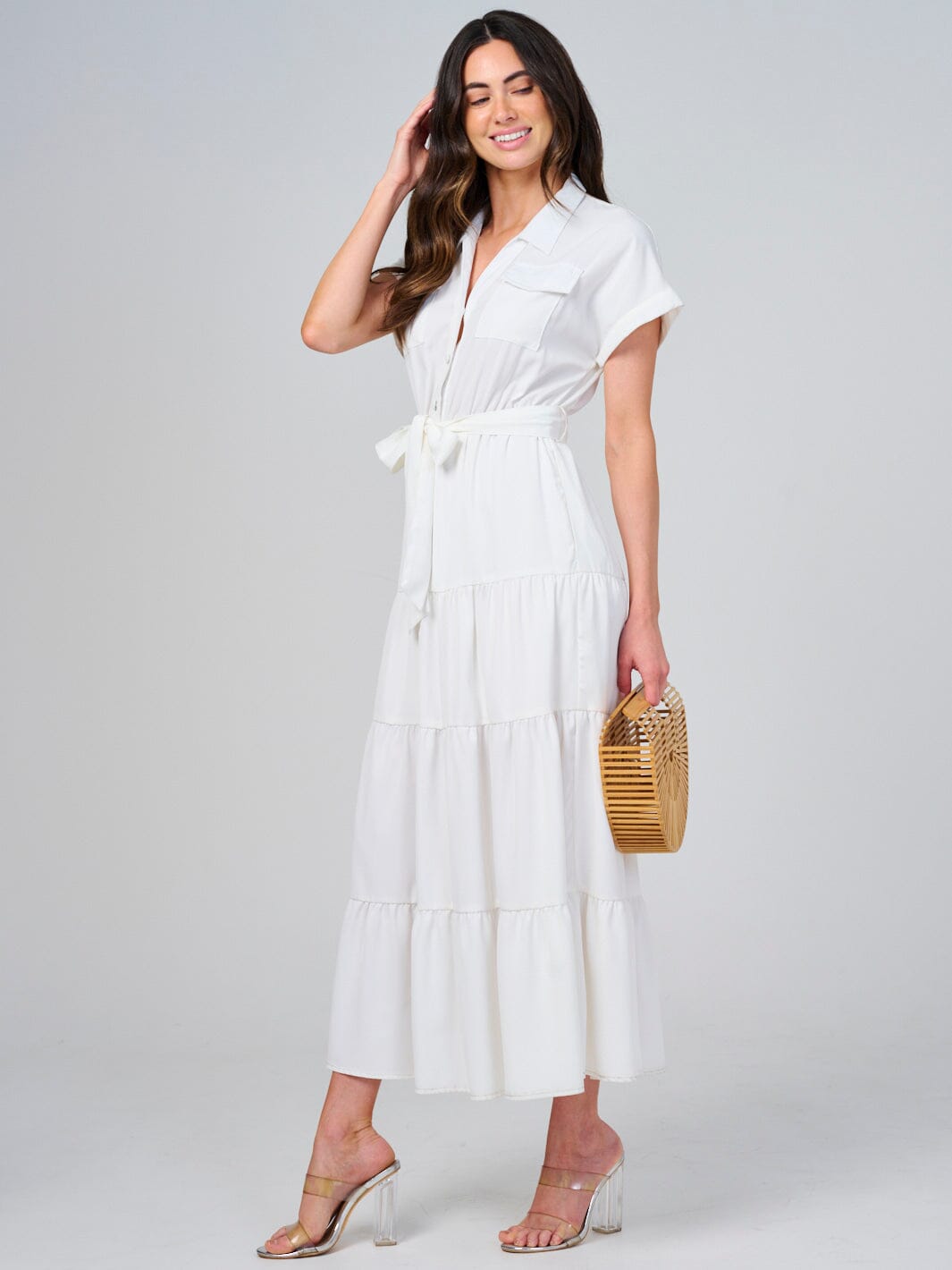 WOMEN'S SHORT SLEEVE SELF TIE BUTTON CLOSURE TIERED MAXI DRESS