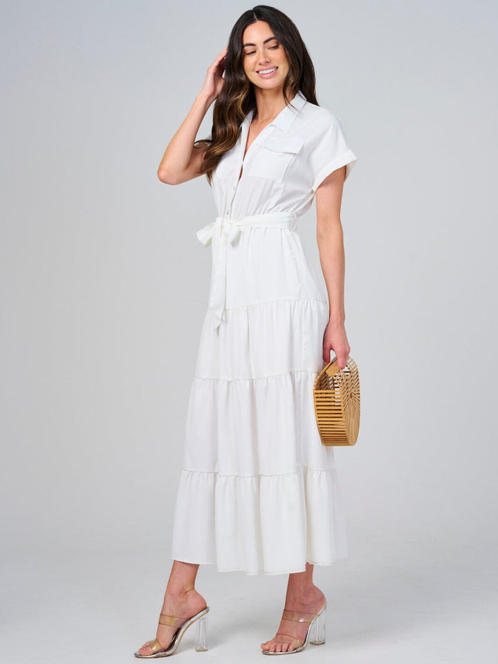 WOMEN'S SHORT SLEEVE SELF TIE BUTTON CLOSURE TIERED MAXI DRESS