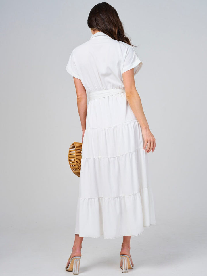 WOMEN'S SHORT SLEEVE SELF TIE BUTTON CLOSURE TIERED MAXI DRESS