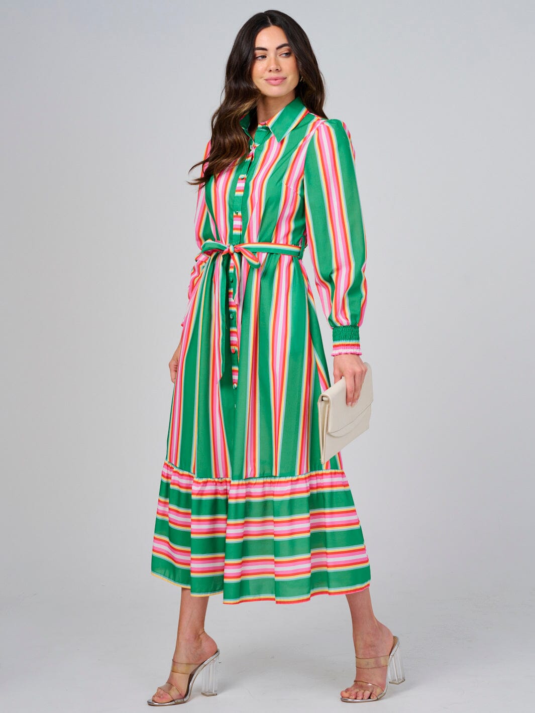 WOMEN'S LONG SLEEVE BUTTON UP FRONT POCKETS COLORBLOCK STRIPES MAXI DRESS