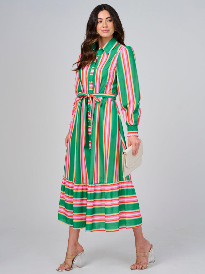 WOMEN'S LONG SLEEVE BUTTON UP FRONT POCKETS COLORBLOCK STRIPES MAXI DRESS