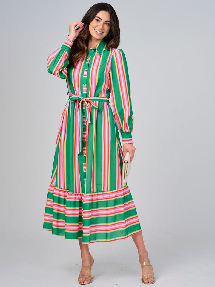 WOMEN'S LONG SLEEVE BUTTON UP FRONT POCKETS COLORBLOCK STRIPES MAXI DRESS