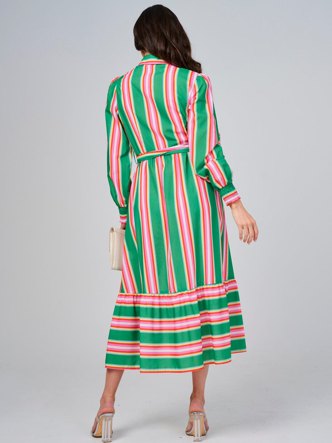 WOMEN'S LONG SLEEVE BUTTON UP FRONT POCKETS COLORBLOCK STRIPES MAXI DRESS