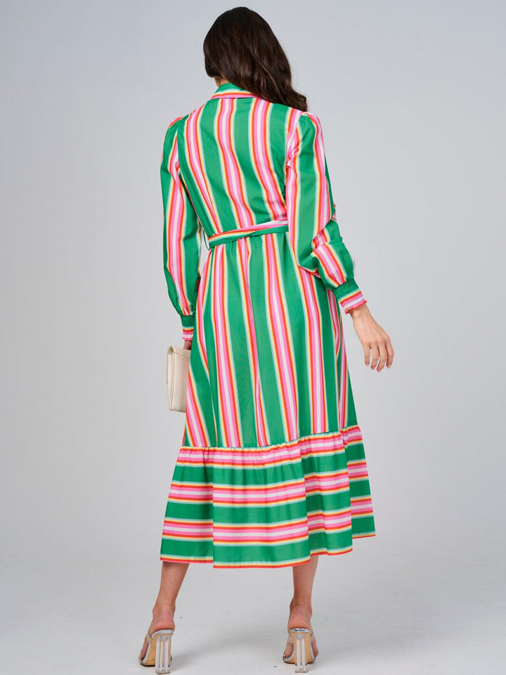 WOMEN'S LONG SLEEVE BUTTON UP FRONT POCKETS COLORBLOCK STRIPES MAXI DRESS