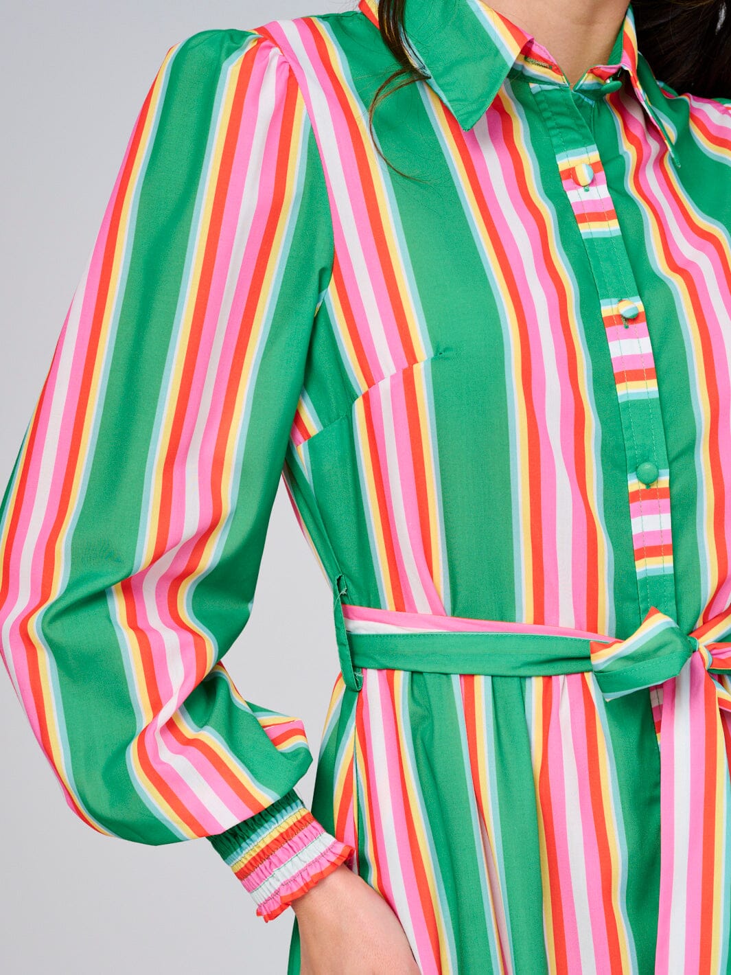 WOMEN'S LONG SLEEVE BUTTON UP FRONT POCKETS COLORBLOCK STRIPES MAXI DRESS