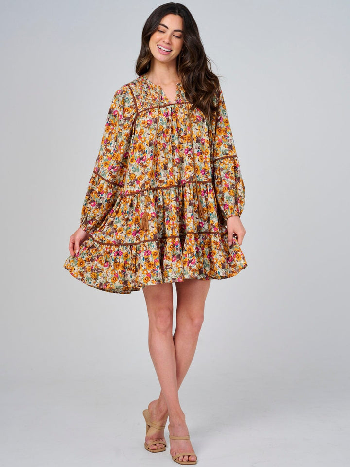 WOMEN'S LONG SLEEVE V-NECK FLORAL SMOCK TIERED MINI DRESS