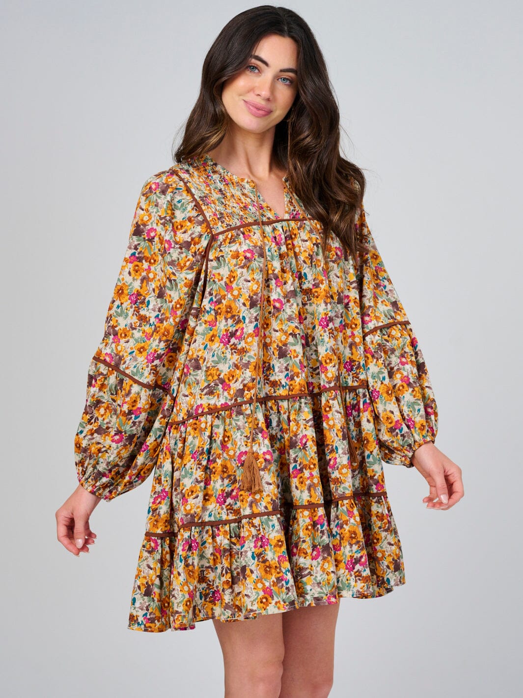 WOMEN'S LONG SLEEVE V-NECK FLORAL SMOCK TIERED MINI DRESS