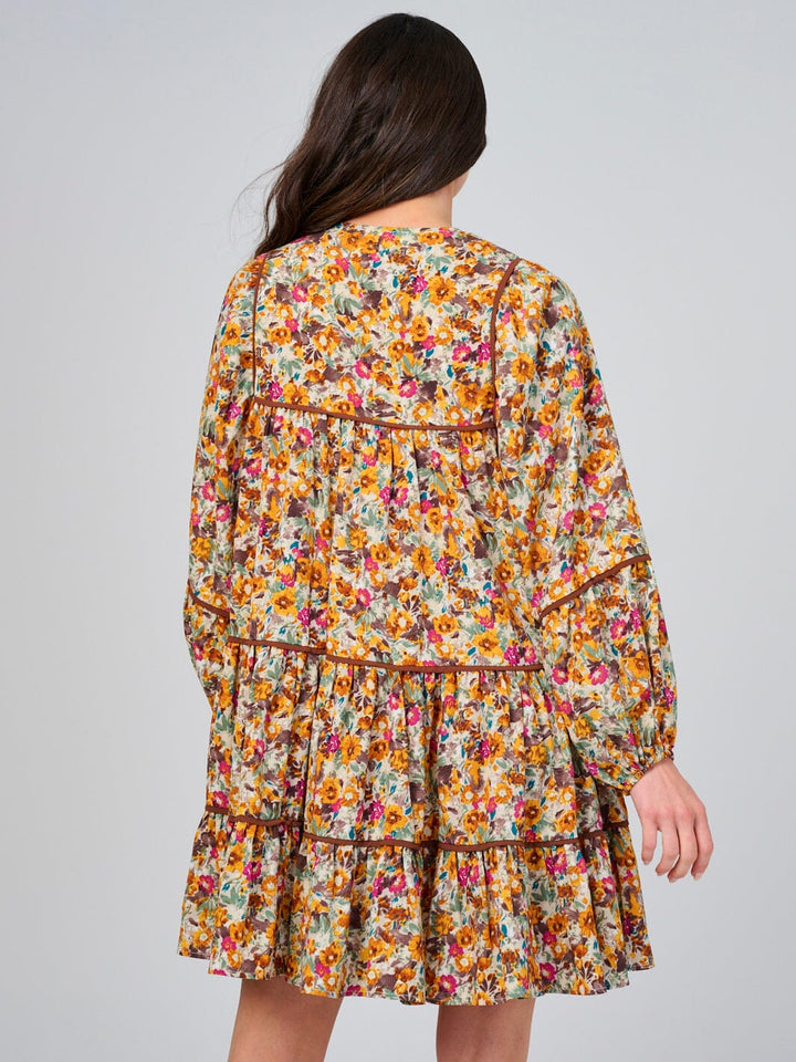 WOMEN'S LONG SLEEVE V-NECK FLORAL SMOCK TIERED MINI DRESS