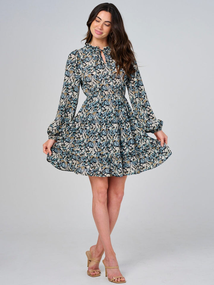 WOMEN'S LONG SLEEVE ELASTIC WAIST V-NECK FLORAL TIERED MINI DRESS