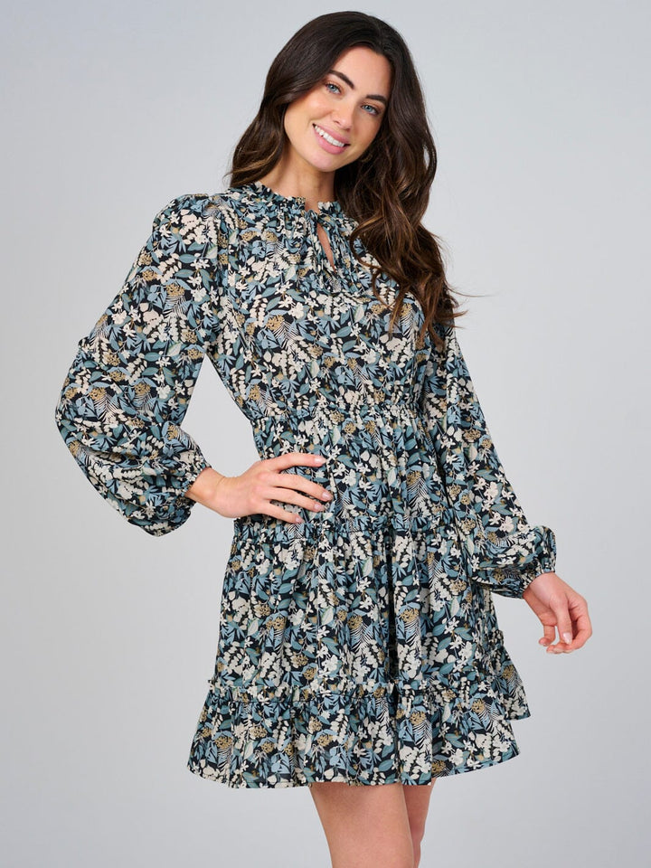 WOMEN'S LONG SLEEVE ELASTIC WAIST V-NECK FLORAL TIERED MINI DRESS