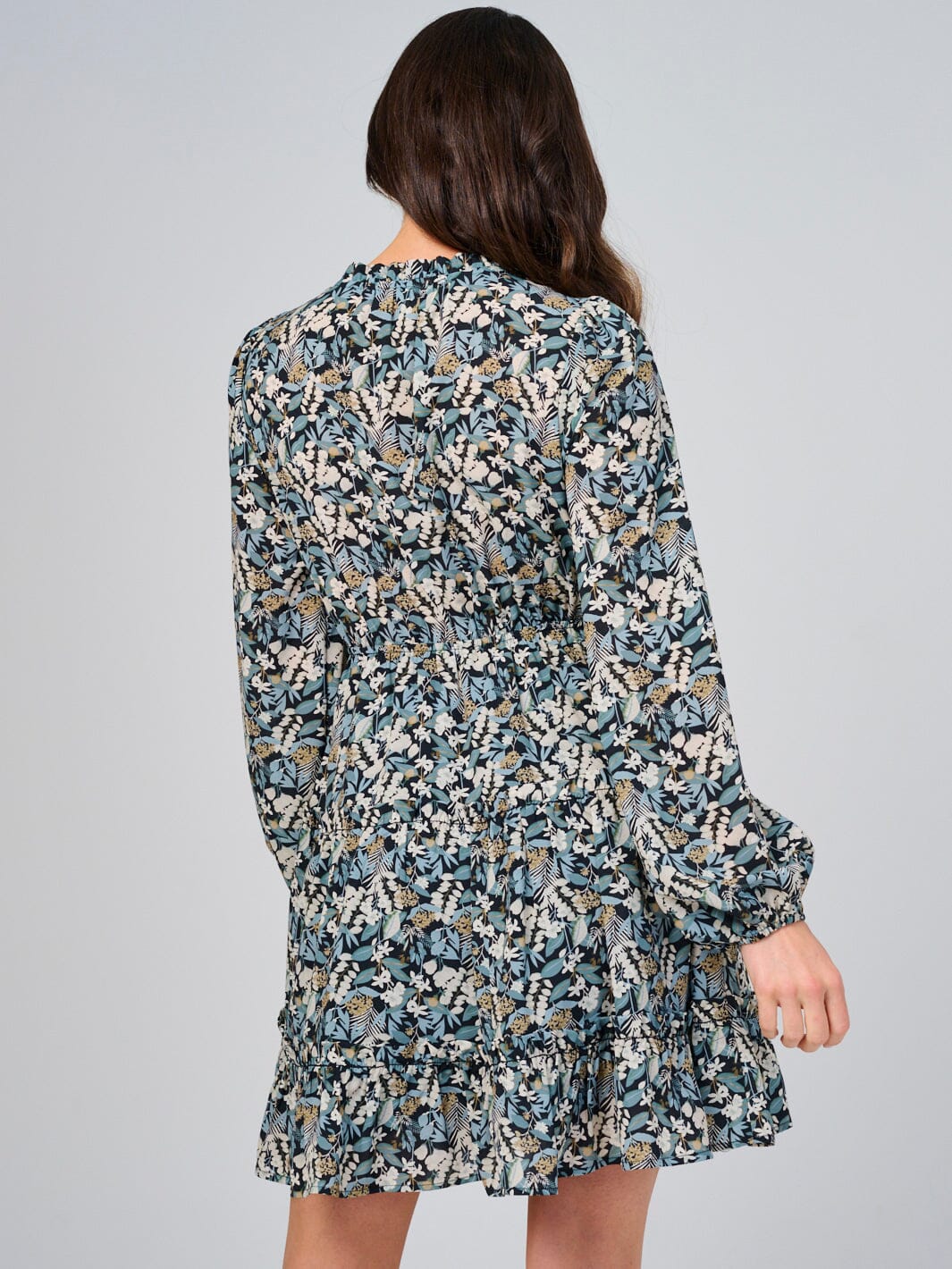 WOMEN'S LONG SLEEVE ELASTIC WAIST V-NECK FLORAL TIERED MINI DRESS