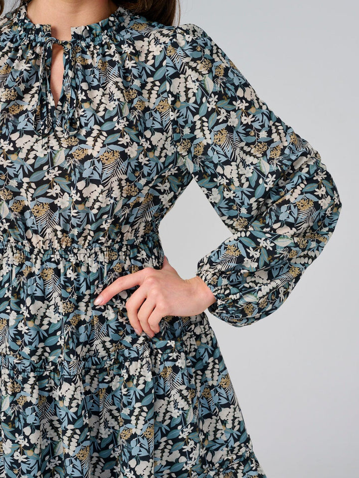 WOMEN'S LONG SLEEVE ELASTIC WAIST V-NECK FLORAL TIERED MINI DRESS