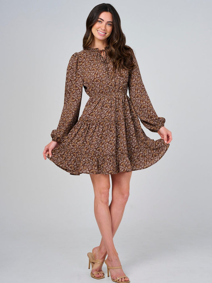 WOMEN'S LONG SLEEVE ELASTIC WAIST V-NECK FLORAL TIERED MINI DRESS