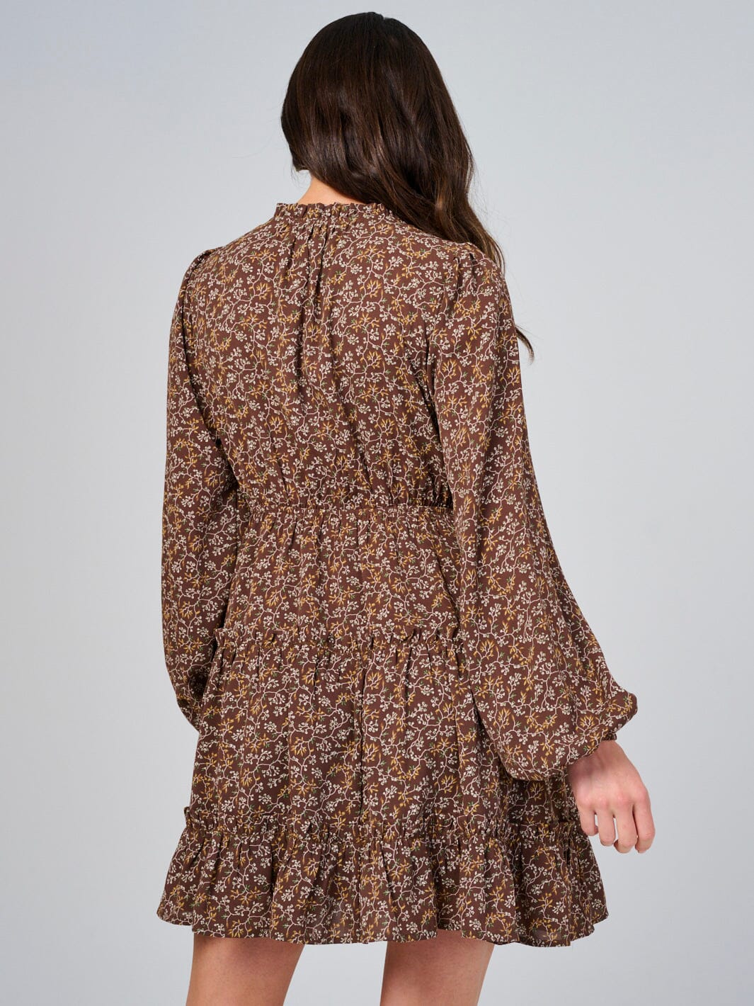 WOMEN'S LONG SLEEVE ELASTIC WAIST V-NECK FLORAL TIERED MINI DRESS