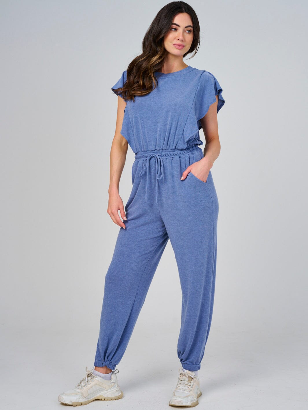 WOMEN'S SHORT SLEEVE RUFFLE ELASTIC WAIST FRONT POCKETS JOGGER JUMPSUIT