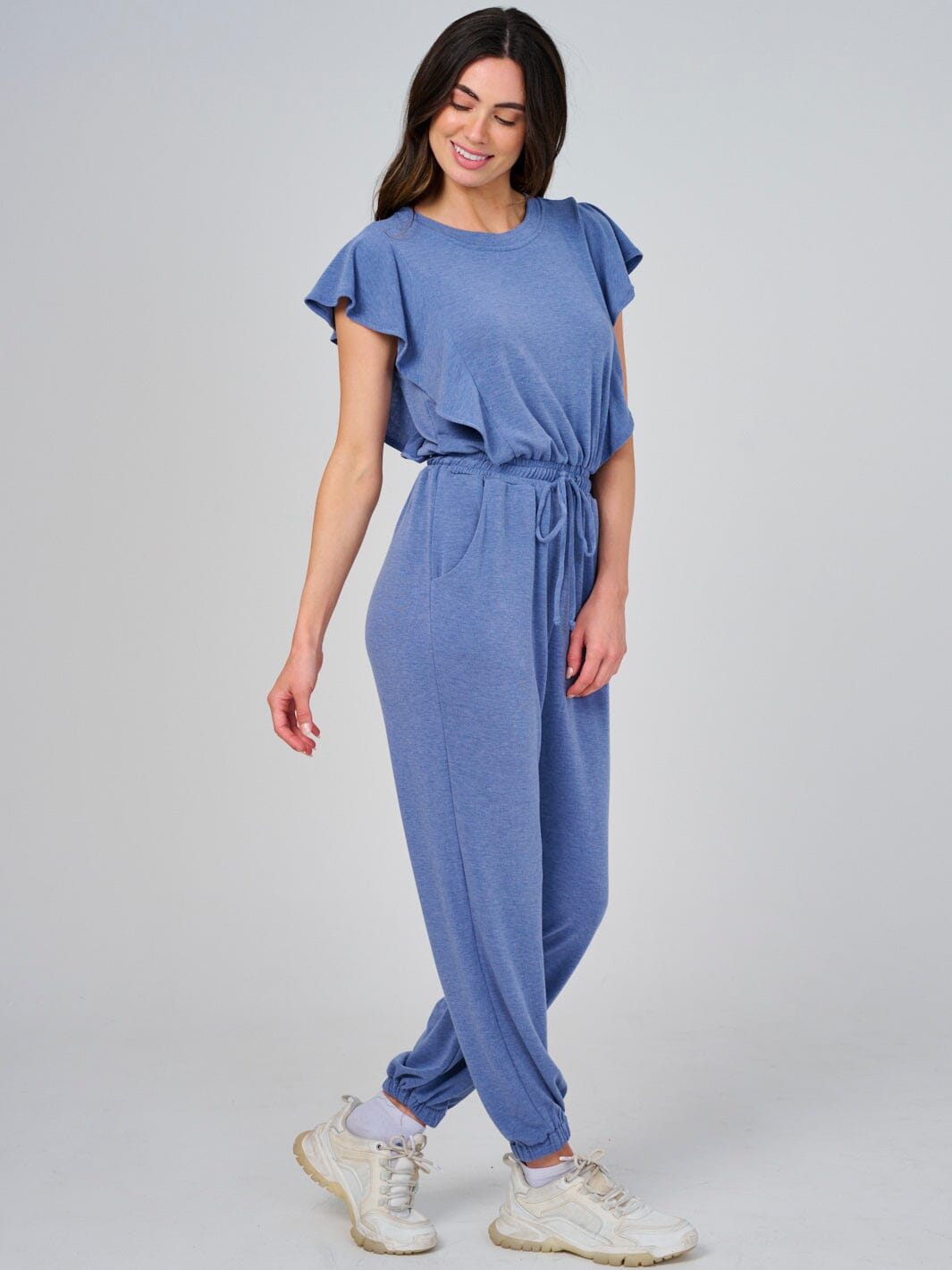 WOMEN'S SHORT SLEEVE RUFFLE ELASTIC WAIST FRONT POCKETS JOGGER JUMPSUIT