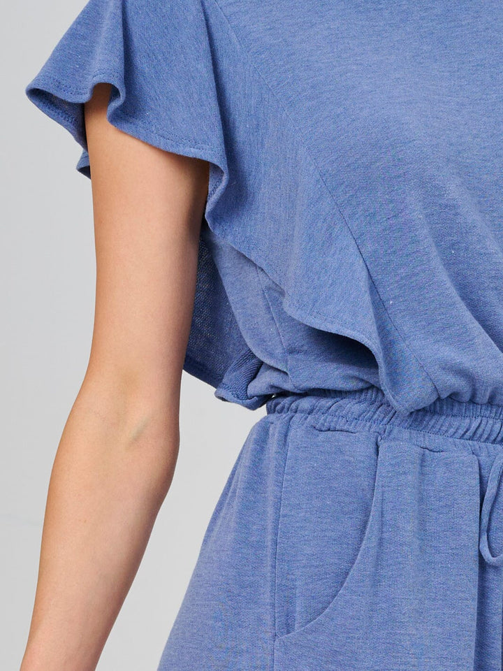 WOMEN'S SHORT SLEEVE RUFFLE ELASTIC WAIST FRONT POCKETS JOGGER JUMPSUIT