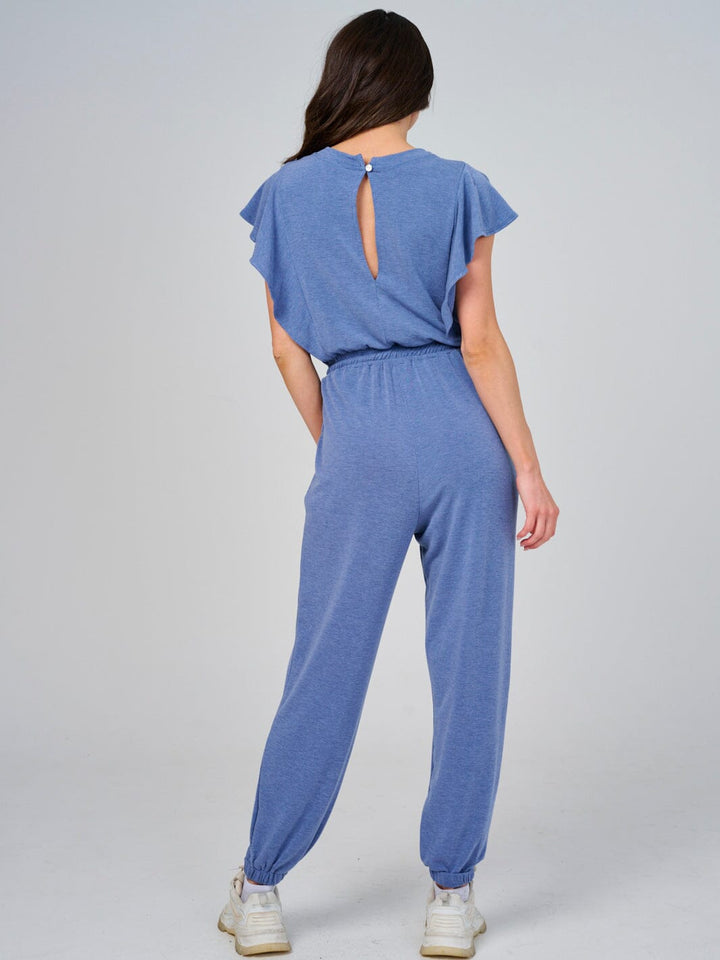 WOMEN'S SHORT SLEEVE RUFFLE ELASTIC WAIST FRONT POCKETS JOGGER JUMPSUIT