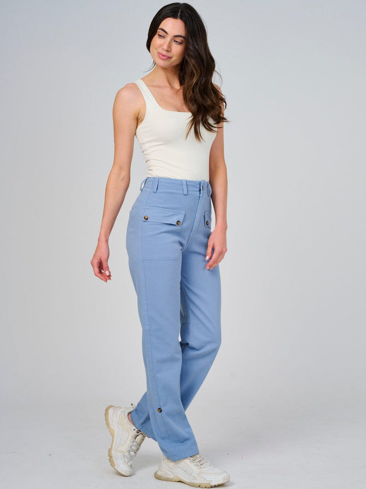 WOMEN'S BUTTON CLOSURE POCKETS WIDE LEG DENIM PANTS