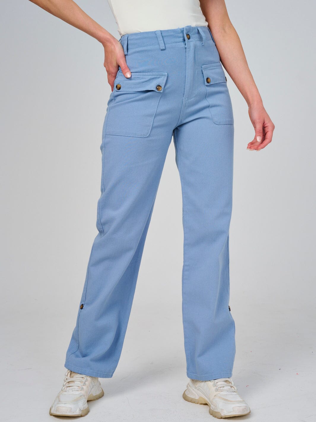 WOMEN'S BUTTON CLOSURE POCKETS WIDE LEG DENIM PANTS