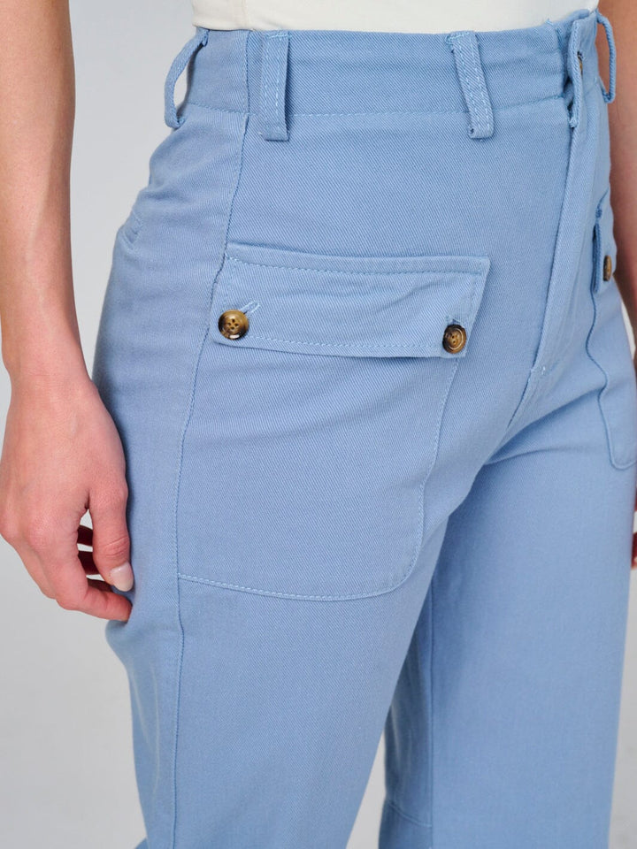 WOMEN'S BUTTON CLOSURE POCKETS WIDE LEG DENIM PANTS