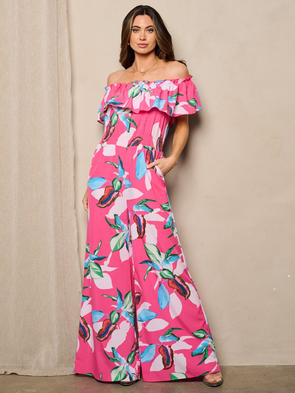 WOMEN'S OFF SHOULDER POCKETS WIDE LEG FLORAL JUMPSUIT