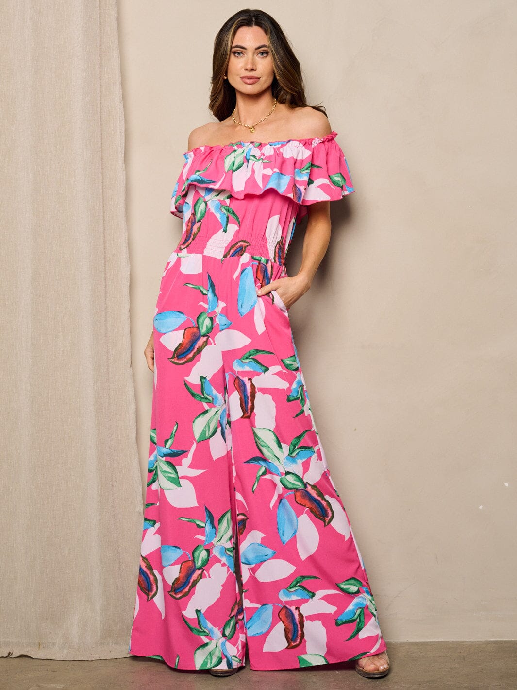WOMEN'S OFF SHOULDER POCKETS WIDE LEG FLORAL JUMPSUIT