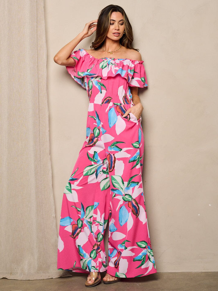 WOMEN'S OFF SHOULDER POCKETS WIDE LEG FLORAL JUMPSUIT