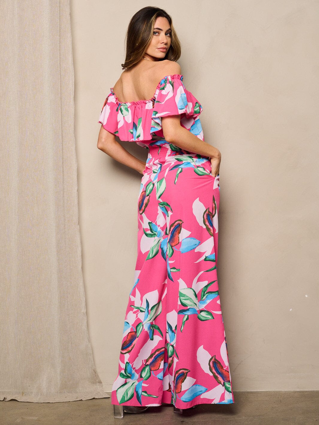 WOMEN'S OFF SHOULDER POCKETS WIDE LEG FLORAL JUMPSUIT