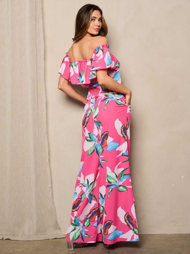 WOMEN'S OFF SHOULDER POCKETS WIDE LEG FLORAL JUMPSUIT