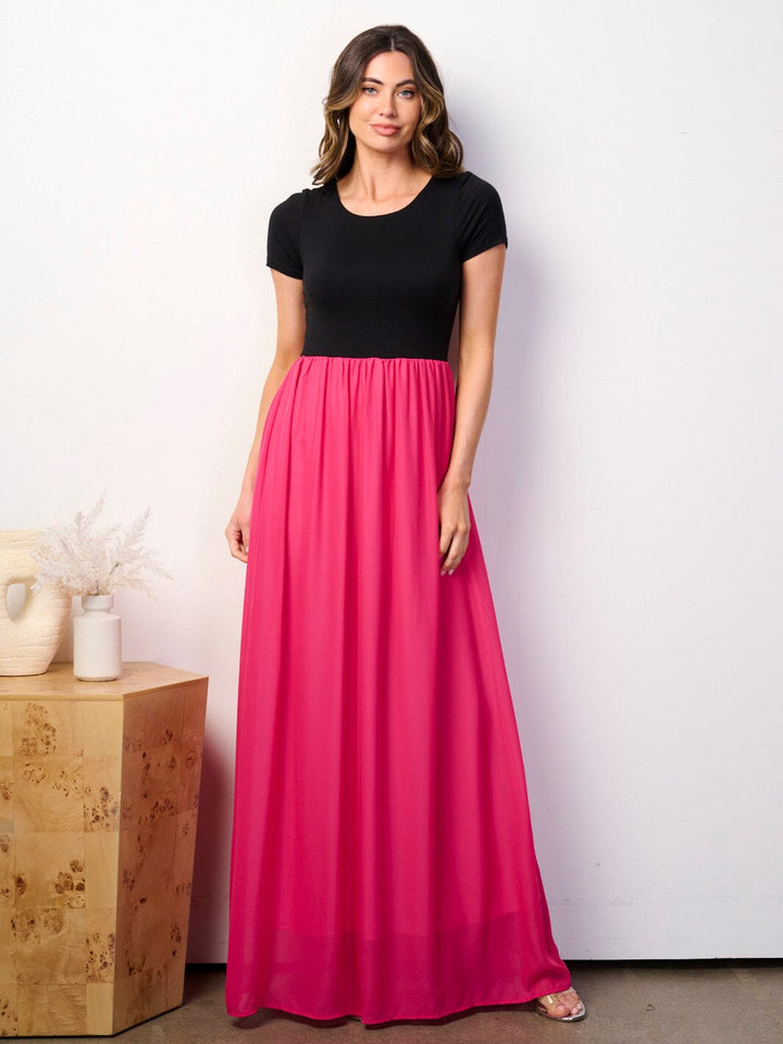 WOMEN'S SHORT SLEEVE ELASTIC WAIST COLORBLOCK MAXI DRESS
