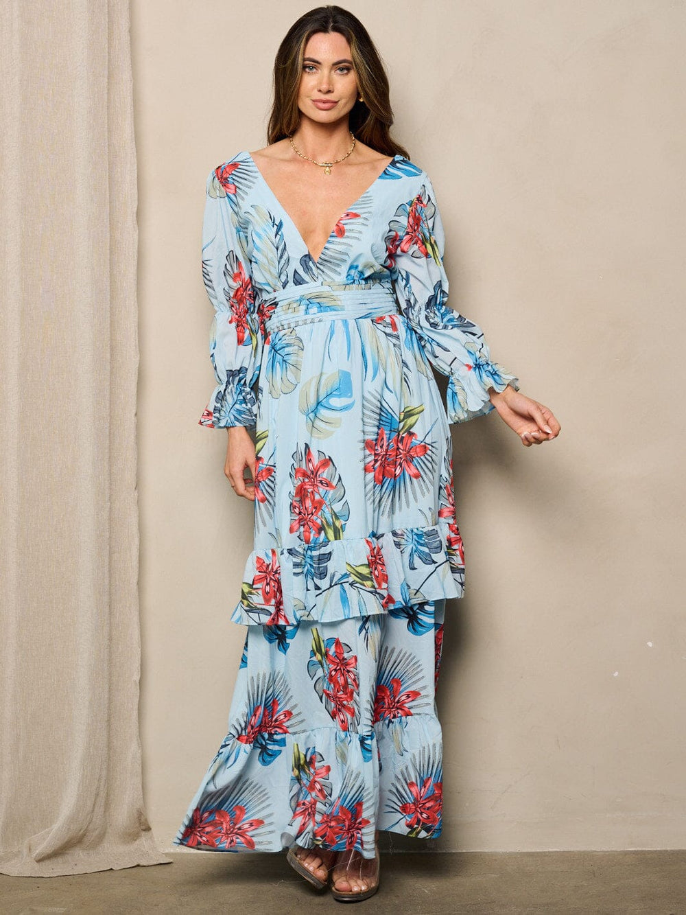 WOMEN'S LONG SLEEVES V-NECK TIERED OPEN BACK TIE FLORAL MAXI DRESS