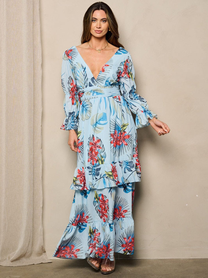 WOMEN'S LONG SLEEVES V-NECK TIERED OPEN BACK TIE FLORAL MAXI DRESS
