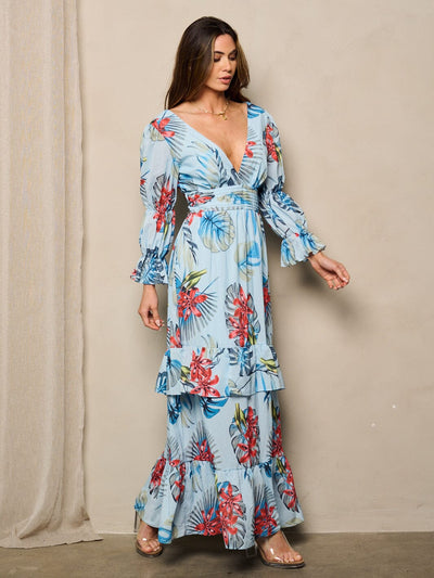 WOMEN'S LONG SLEEVES V-NECK TIERED OPEN BACK TIE FLORAL MAXI DRESS