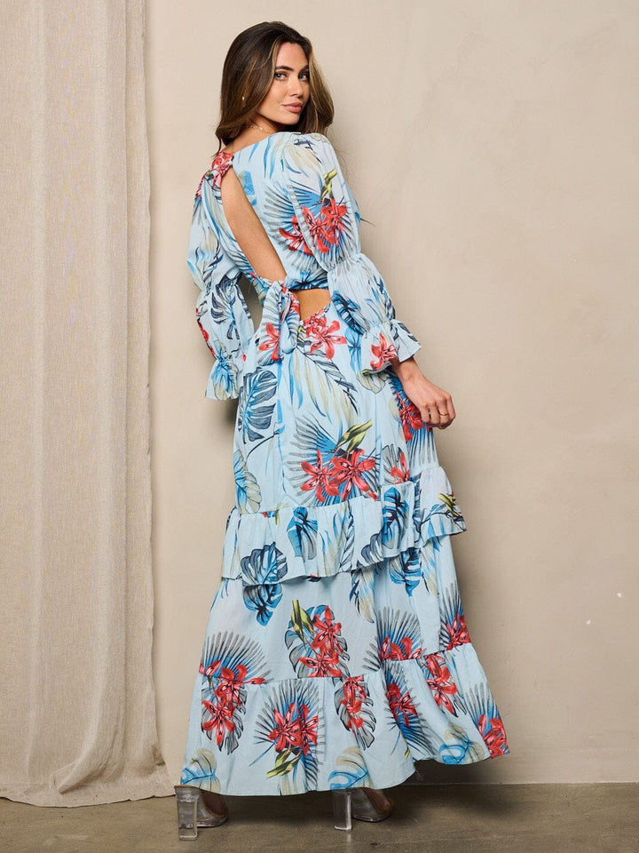 WOMEN'S LONG SLEEVES V-NECK TIERED OPEN BACK TIE FLORAL MAXI DRESS