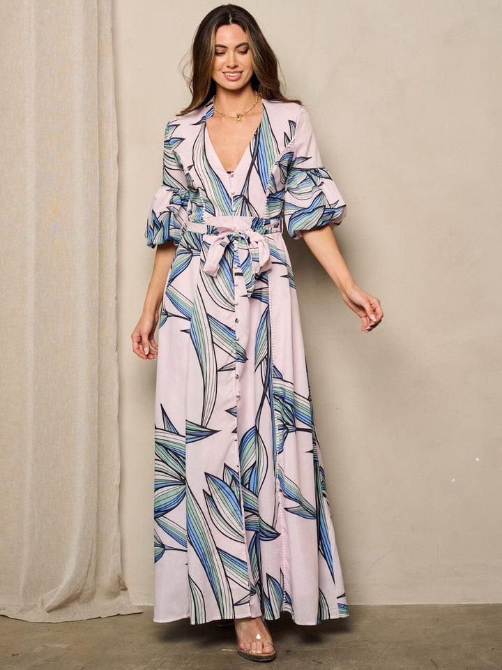 WOMEN'S SHORT PUFF SLEEVES BUTTON UP PRINTED MAXI DRESS