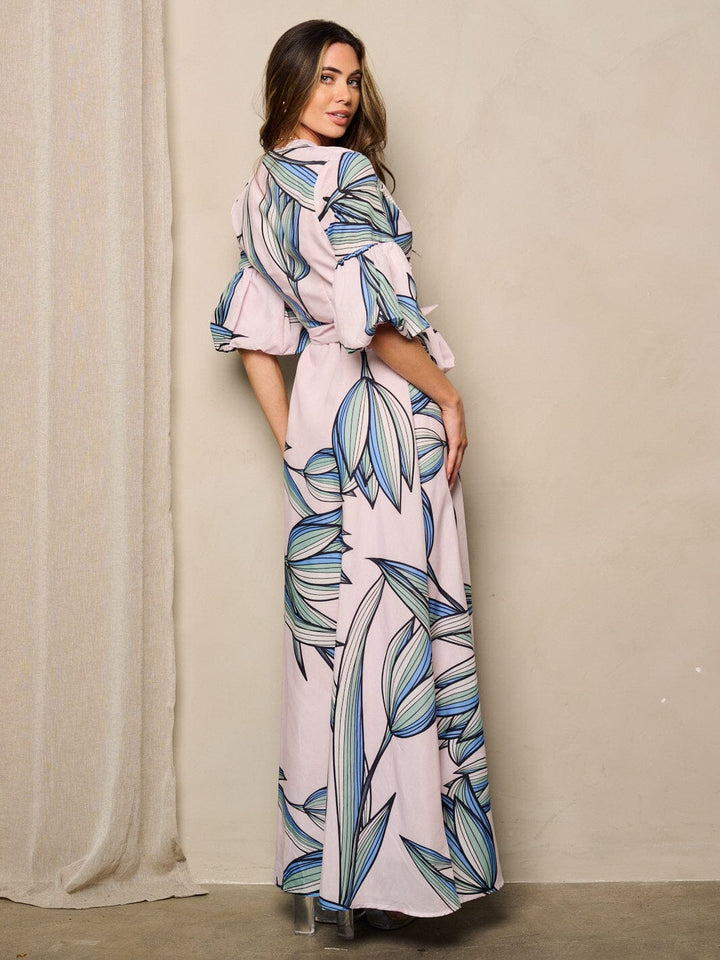 WOMEN'S SHORT PUFF SLEEVES BUTTON UP PRINTED MAXI DRESS
