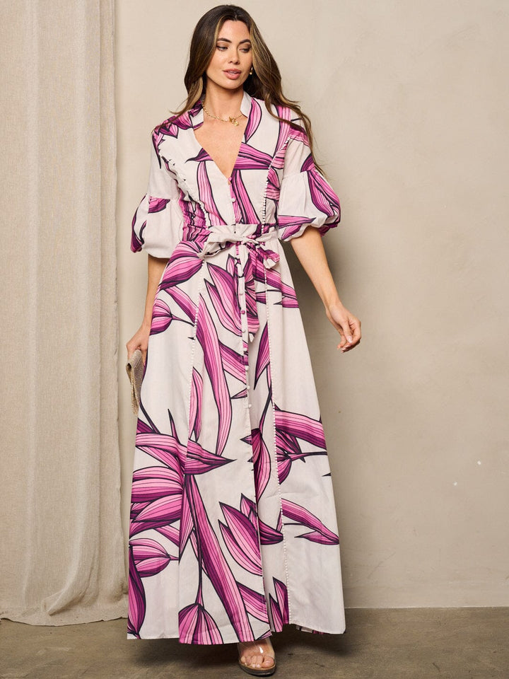 WOMEN'S SHORT PUFF SLEEVES BUTTON UP PRINTED MAXI DRESS