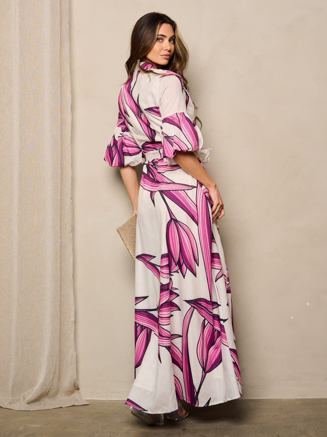 WOMEN'S SHORT PUFF SLEEVES BUTTON UP PRINTED MAXI DRESS