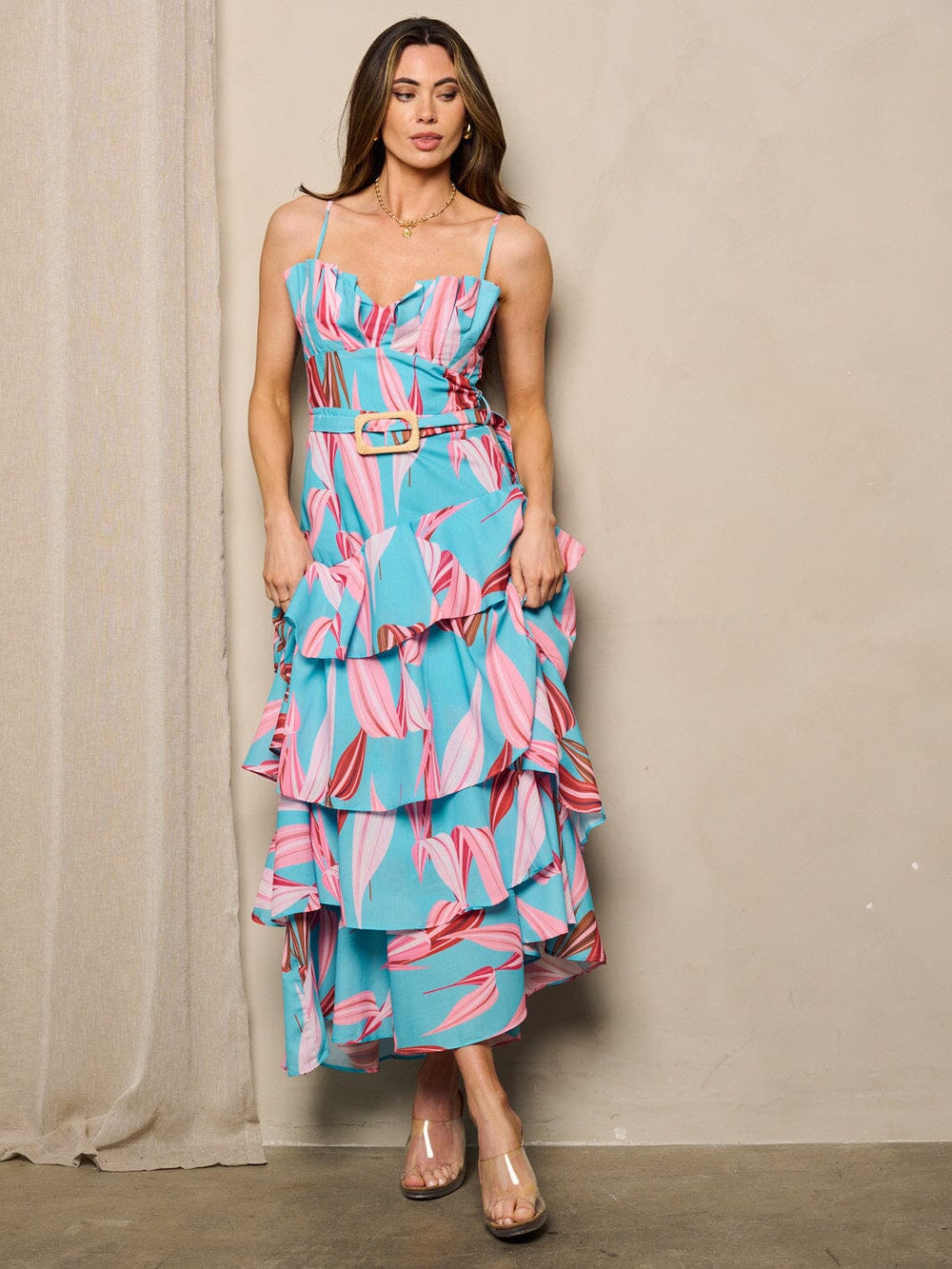 WOMEN'S SLEEVELESS V-NECK MULTI PRINT RUFFLE TIERED MAXI DRESS