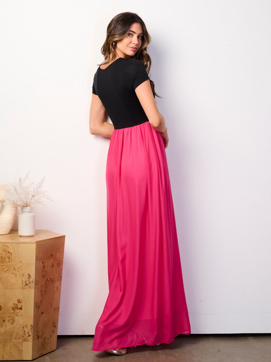 WOMEN'S SHORT SLEEVE ELASTIC WAIST COLORBLOCK MAXI DRESS