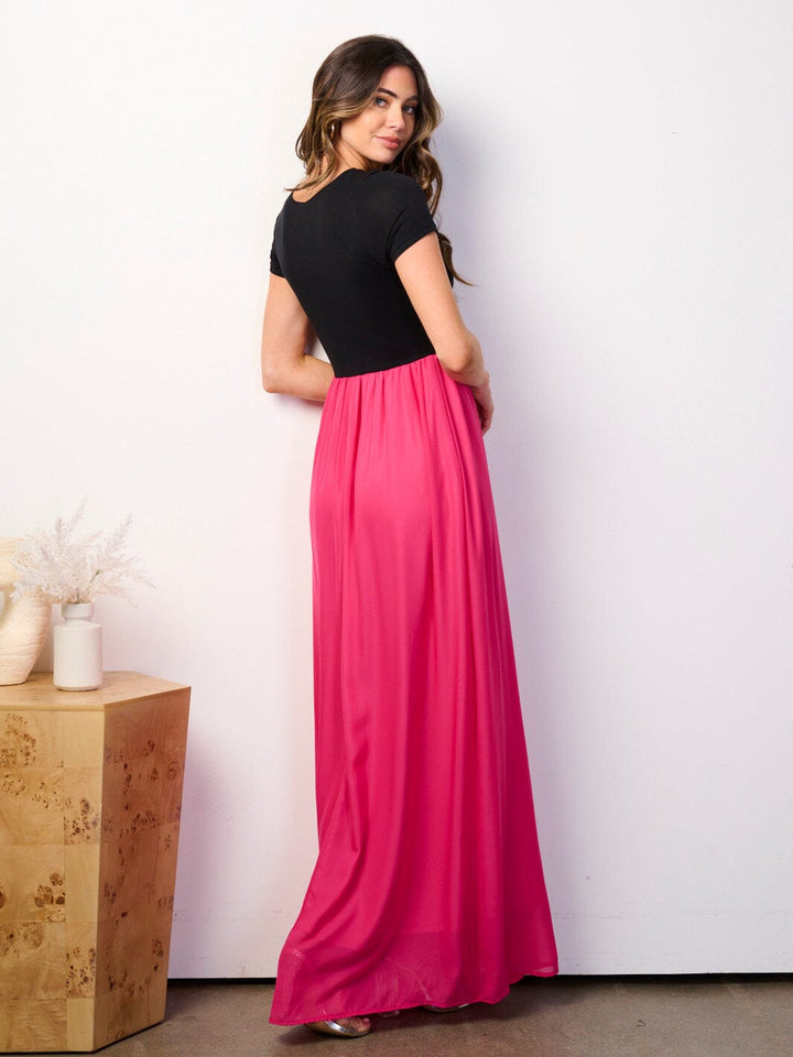 WOMEN'S SHORT SLEEVE ELASTIC WAIST COLORBLOCK MAXI DRESS
