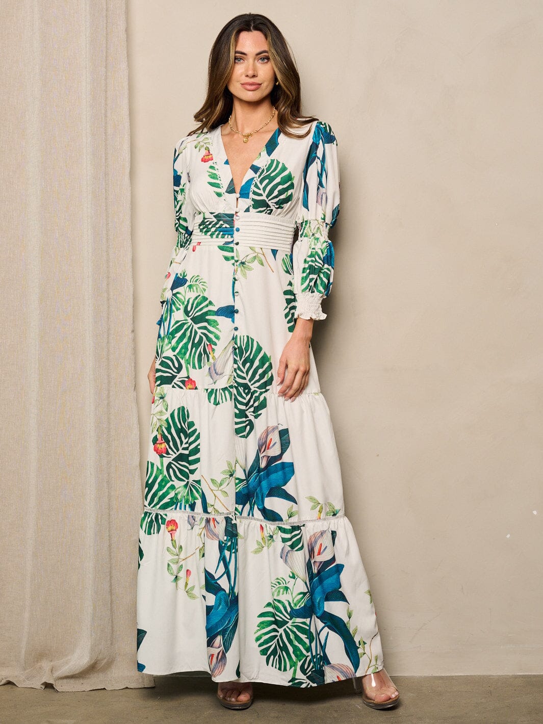 WOMEN'S LONG SLEEVES V-NECK TIERED FLORAL MAXI DRESS