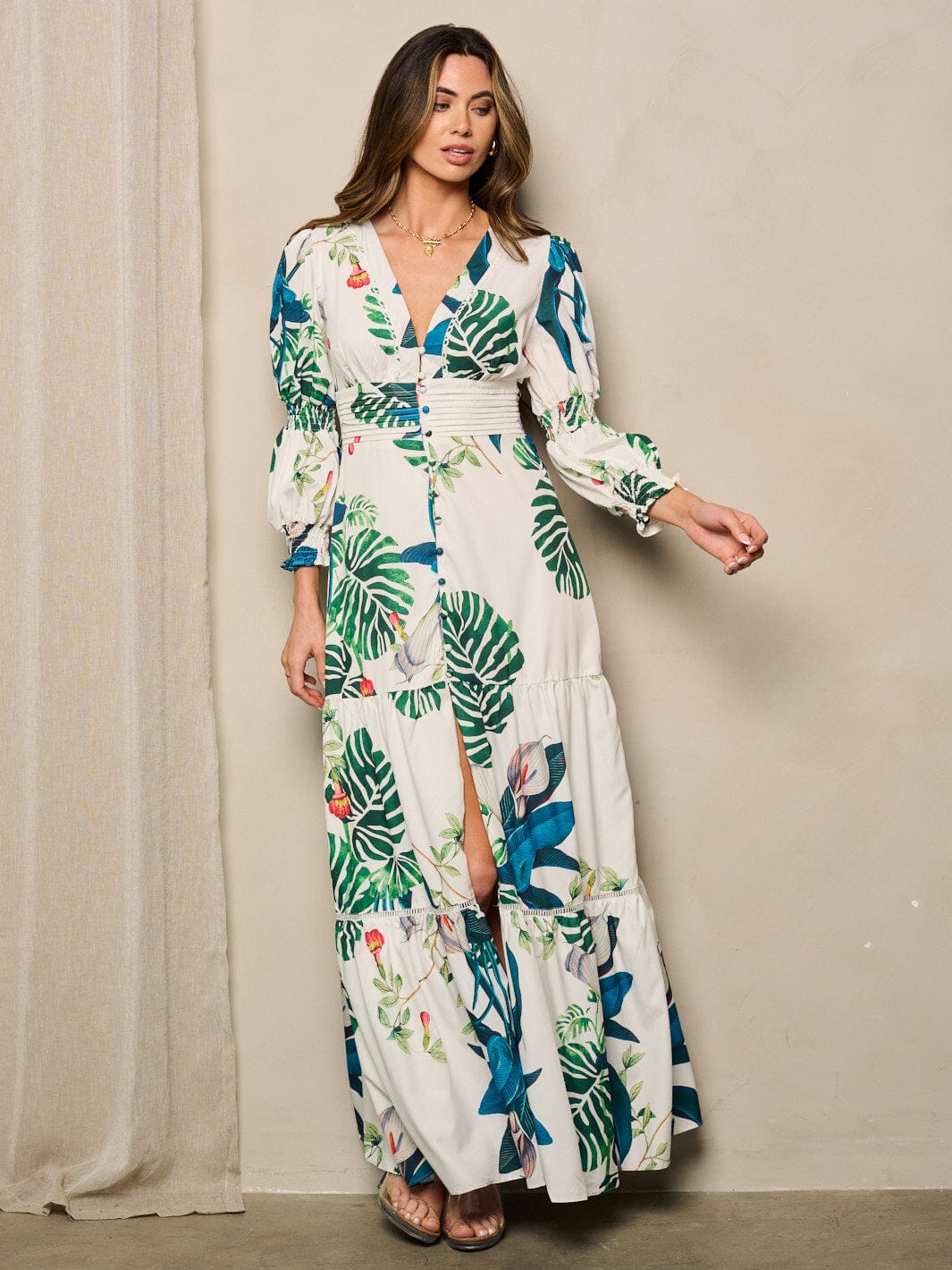 WOMEN'S LONG SLEEVES V-NECK TIERED FLORAL MAXI DRESS